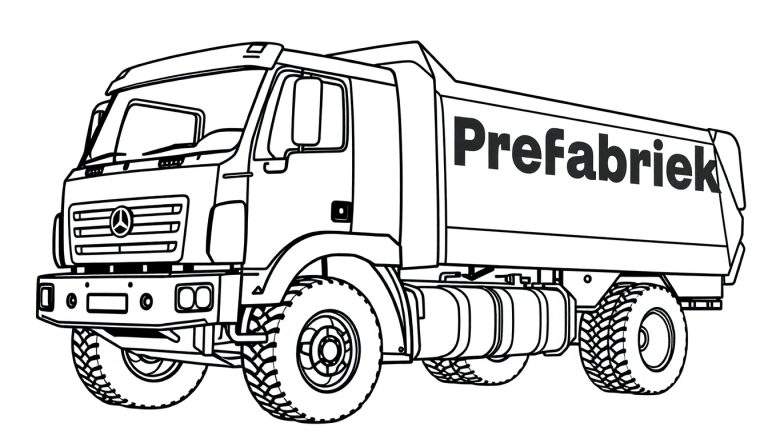 Zwart-witte lijntekening van een zware vrachtwagen met grote laadbak en het woord 'Prefabriek' erop, klaar om ingekleurd te worden.