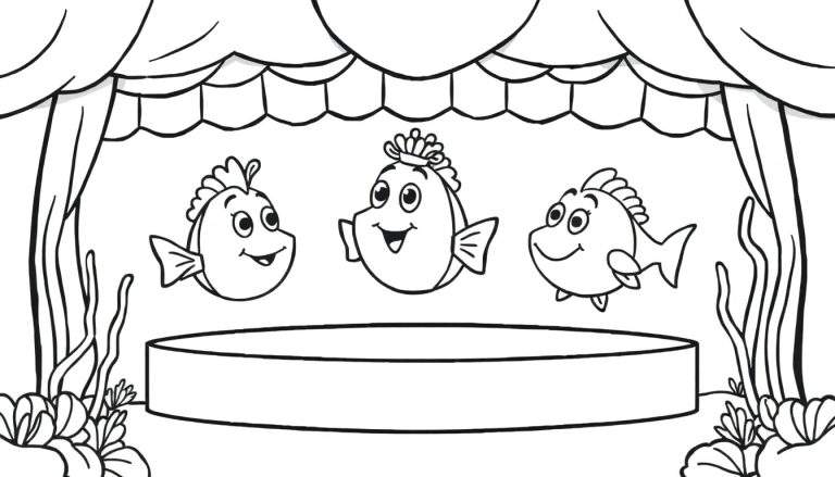 Kleurplaat van drie lachende vissen met hoofdversieringen die optreden op een podium, omringd door gordijnen en waterplanten.