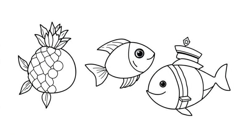 Kleurplaat met drie cartoonvissen: een vis in ananasstijl, een klassieke vrolijke vis en een vis verkleed als matroos.