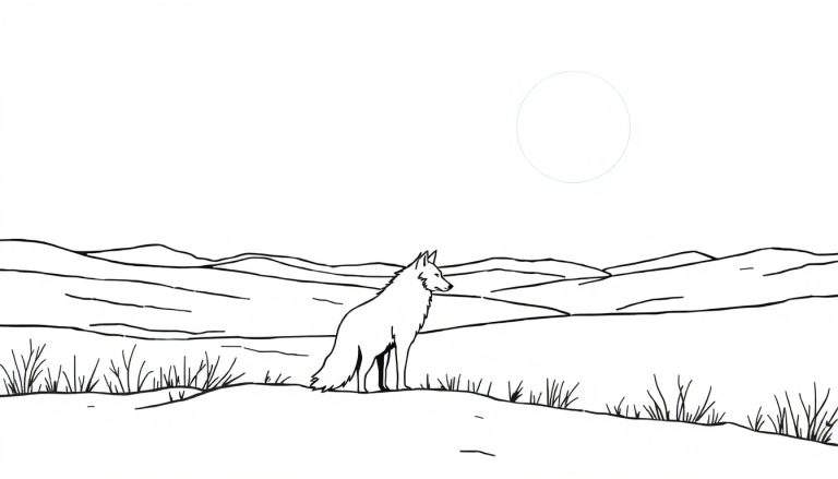 Zwart-wit lijnschets van een wolf of vos met pluimstaart, kijkend naar rechts, in een golvend landschap met lage begroeiing en een cirkelvormige zon/maan in de lucht.