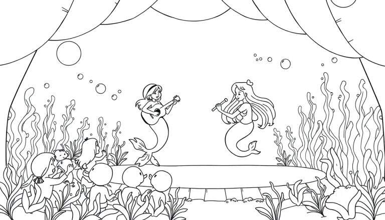 Kleurplaat van twee lachende zeemeerminnen die muziek maken en zingen voor een publiek van kleine zeemeerminnenkinderen, in een onderwaterwereld met zeewier en luchtbellen.