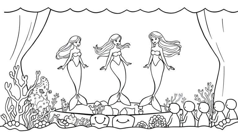 Zwart-wit lijntekening van een onderwatertheater met drie zeemeerminnen die zingen, omringd door koraal en lachende rotsen, met een publiek onderaan.