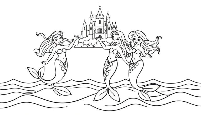 Kleurplaat van drie vrolijke zeemeerminnen met schelpen-bh's en gedetailleerde staarten, die zwaaien voor een sprookjeskasteel met torens, te midden van golven.