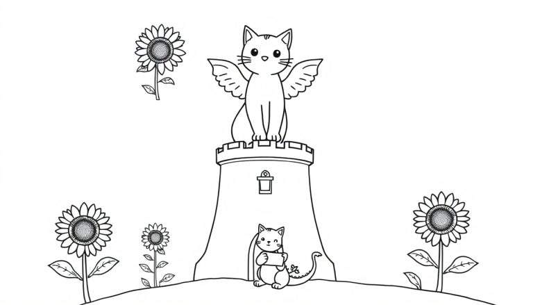 Zwart-witte lijntekening kleurplaat: ronde toren met kantelen, gevleugelde kat bovenop, kat met knipoog aan de voet, en diverse zonnebloemen.