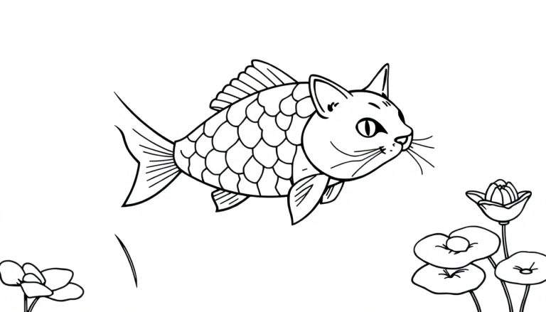 Zwart-wit lijntekening van een fantasiewezen met het lichaam van een vis en de kop van een kat, zwemmend tussen bloemen en waterplanten.