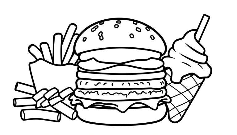 Zwart-wit kleurplaat van een hamburger, bakje frietjes en een ijshoorntje, ideaal voor kinderen om in te kleuren.