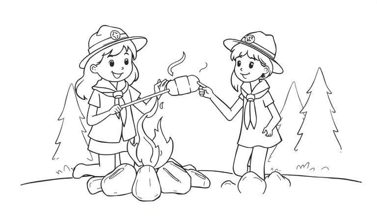 Zwart-witte kleurplaat met twee meisjes die marshmallows roosteren boven een kampvuur, met scoutshoeden en dennenbomen op de achtergrond.