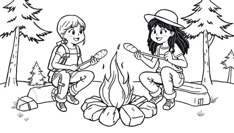 Zwart-wit tekening van twee blije meisjes die gehurkt bij een kampvuur zitten en broodjes roosteren boven de vlammen. De omgeving is een bos met dennenbomen.