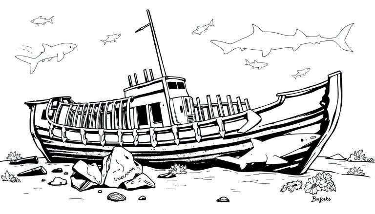 Zwart-wit kleurplaat van een scheepswrak op de zeebodem met meerdere haaien die eromheen zwemmen.