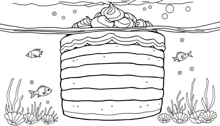 Zwart-wit lijntekening van een onderwaterwereld met een grote, gelaagde taart in het midden. Drie vissen, bellen, zeewier en schelpen vullen de scène.