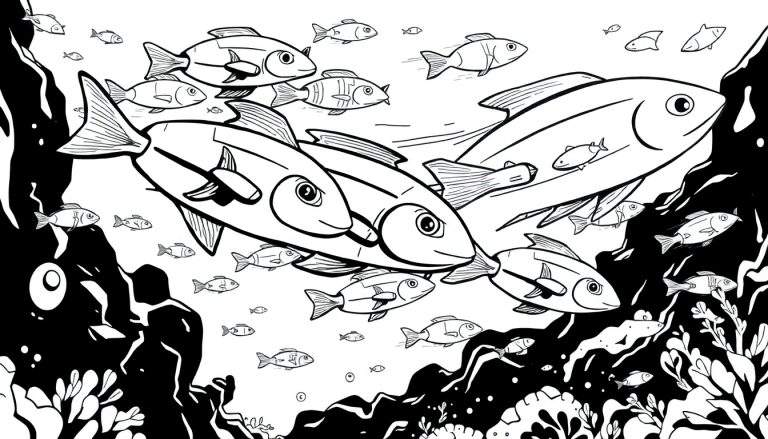 Zwart-wit kleurplaat van een drukke onderwaterscène met een school grote vissen, kleinere visjes, koraal en rotsen.