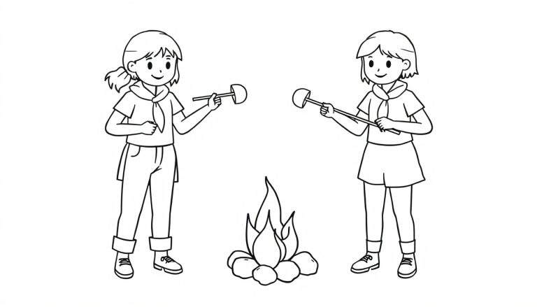 Twee meisjes in scoutskleding roosteren marshmallows boven een kampvuur, met blije gezichten.