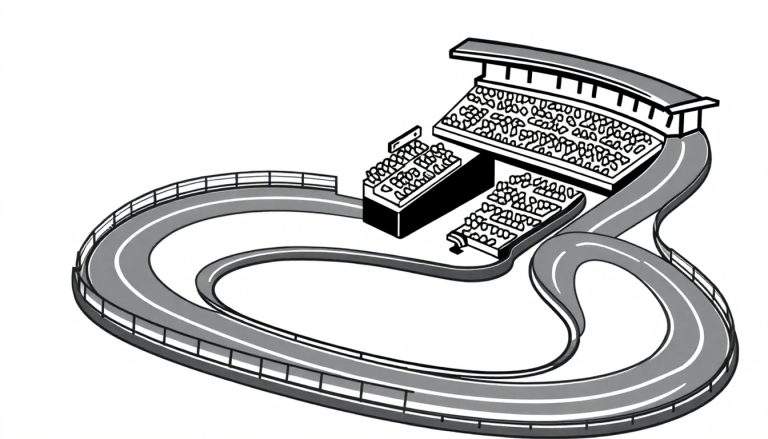 Illustratie van een racecircuit met tribunes, getekend in zwart, wit en grijstinten.