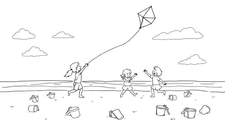 Zwart-wit kleurplaat van drie spelende kinderen op een zonnig strand, één kind laat een vlieger op.