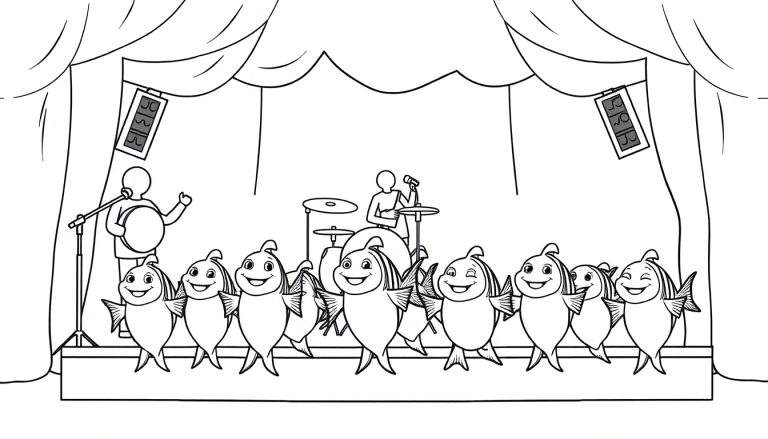 Kleurplaat van een podium met cartoon vissen die een concert geven, met muzikanten op de achtergrond.