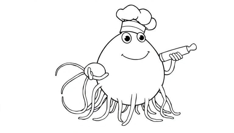 Zwart-wit lijntekening van een mollige, cartoonachtige octopus met grote ogen, een brede glimlach en een koksmuts. De octopus houdt met twee tentakels een deegroller en een bolletje deeg vast.