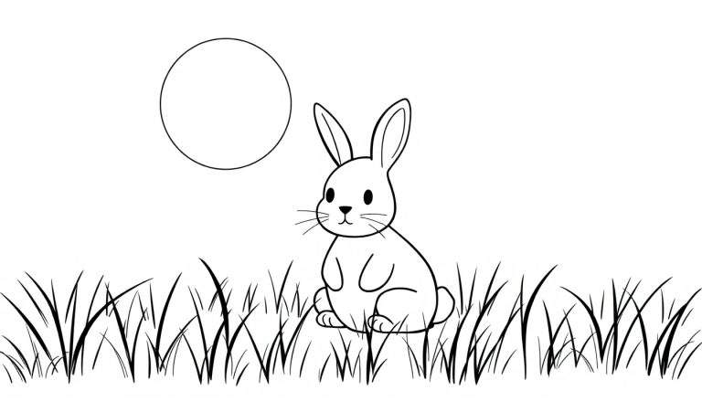 Een zwart-wit lijntekening van een schattig konijn dat zit in het gras, met een grote lege cirkel aan de hemel.