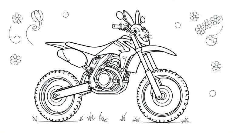 Kleurplaat van een crossmotor met een lachend konijnenhoofd als voorkant, omringd door lente- en Paaselementen zoals bloemen en een versierd ei.