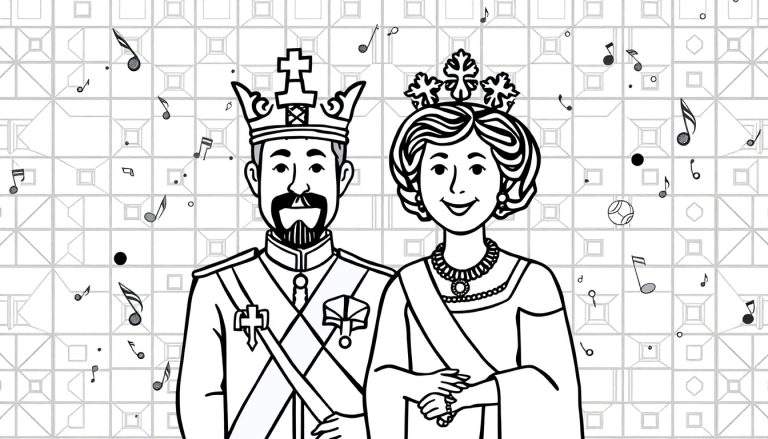 Zwart-wit lijntekening van een koning en koningin, gekleed in koninklijke uniformen en kronen. De koning links heeft een scepter, de koningin rechts heeft parels en glimlacht. De achtergrond bevat geometrische patronen, muzieknoten en een kleine voetbal.