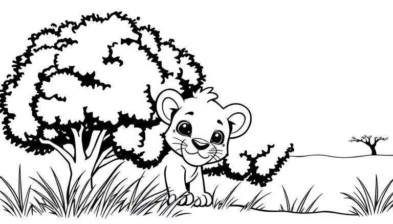 Een zwart-wit tekening van een schattig leeuwenwelpje dat vanuit het gras kijkt, met een Afrikaanse boom op de achtergrond.