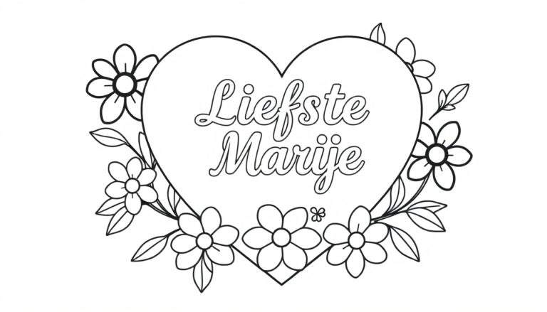 Zwart-wit kleurplaat van een groot hart met de tekst 'Liefste Marije' erin, omringd door madeliefjes, bladeren en een klein vlindertje.