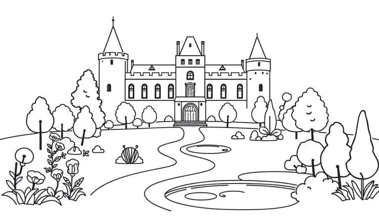 Gedetailleerde zwart-wit lijntekening van een sprookjesachtig kasteel met torens, een brede trap, glooiende tuin, vijvers, bomen, bloemen en een kleine slak.