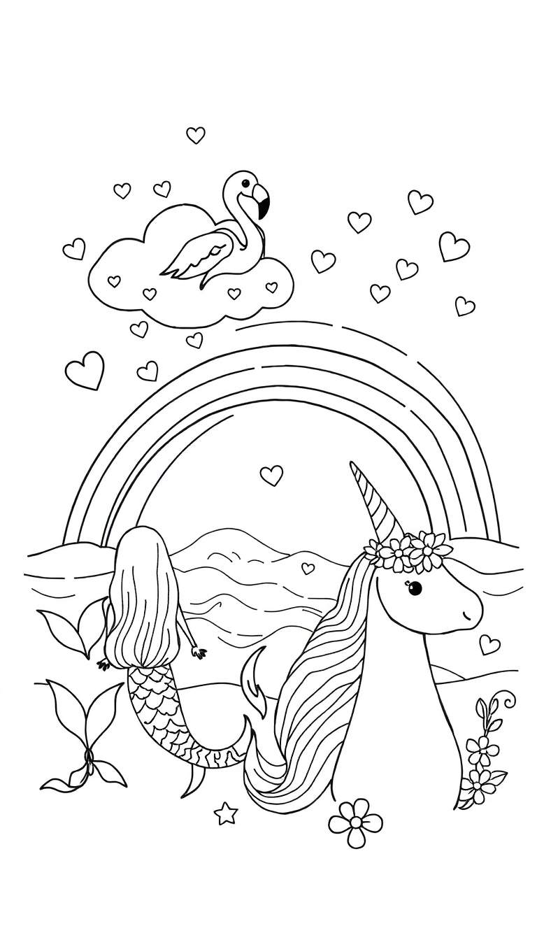Zwart-wit kleurplaat met een wolk, flamingo, regenboog, zeemeermin, eenhoorn met bloemenkrans, hartjes, sterretje en bloemen.