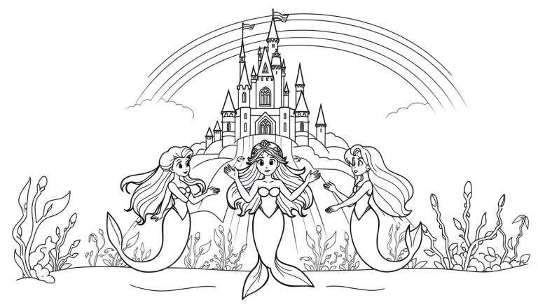 Kleurplaat van een sprookjesachtige onderwaterwereld met een kasteel, drie zeemeerminnen en een regenboog.