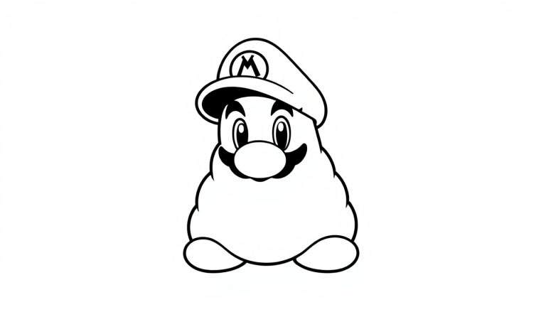 Zwart-witte lijntekening van een gestileerd, cartoonesk figuur dat lijkt op Mario, met een pet met een 'M', grote ogen en een snor. De figuur heeft een bolvormig lichaam en kleine voeten. De tekening staat op een witte achtergrond.
