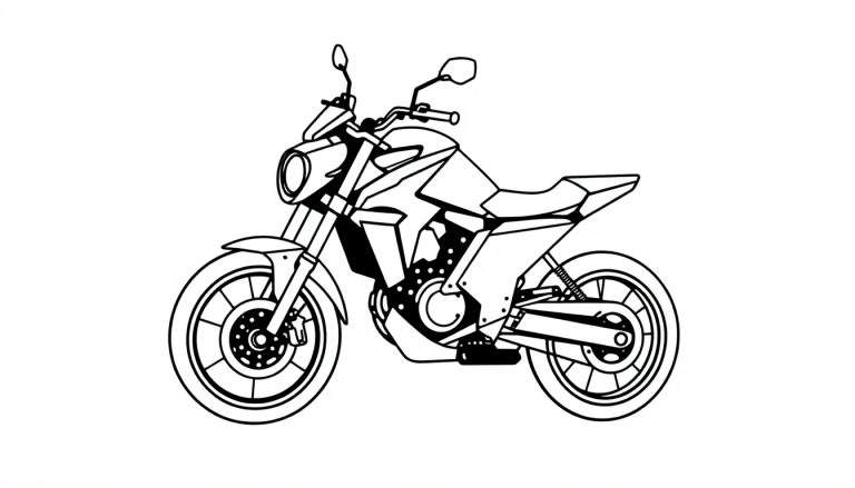 Zwart-wit lijntekening van een moderne sportmotorfiets, gezien vanaf de zijkant.
