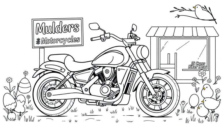 Kleurplaat van een motorfiets met lente-elementen zoals paaseieren, kuikentjes en bloemen.