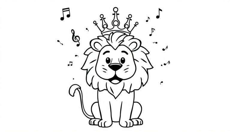 Zwart-witte lijntekening van een schattige, cartoonachtige leeuw met een kroon op zijn hoofd, zittend en met een vrolijke uitdrukking. Rondom de leeuw zweven muzieknoten en een G-sleutel.