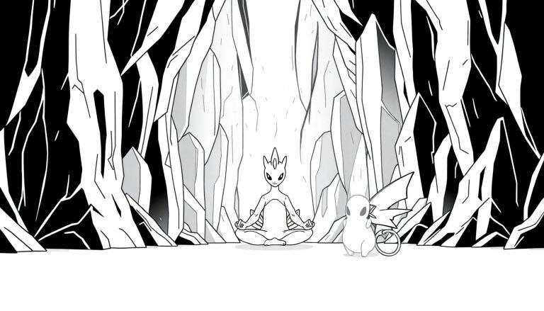 Gestileerde zwart-wit kleurplaat van een wezen in meditatiehouding in een kristallen grot, met een kleiner figuur ernaast en een tandwiel op de grond.