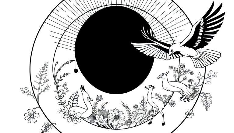 Gedetailleerde zwart-wit lijntekening van een cirkelvormige compositie met een centrale zwarte cirkel met stralen, een vliegende roofvogel bovenaan, weelderige planten en bloemen onderaan, en drie verschillende vogels (loopvogel, pauw-achtige, loopvogel) tussen de planten.