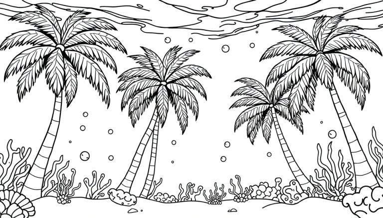 Zwart-wit lijntekening van een onderwaterlandschap met vier palmbomen, koraal, zeewier, een grote schelp en luchtbellen.