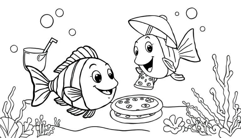 Zwart-wit kleurplaat van een onderwaterscène met twee lachende vissen, een vis met strepen en een emmer, de andere vis met een paraplu en een pizzapunt, gestapelde pizza's op de zeebodem, zeewier, koraal, een schelp en zwevende bubbels.