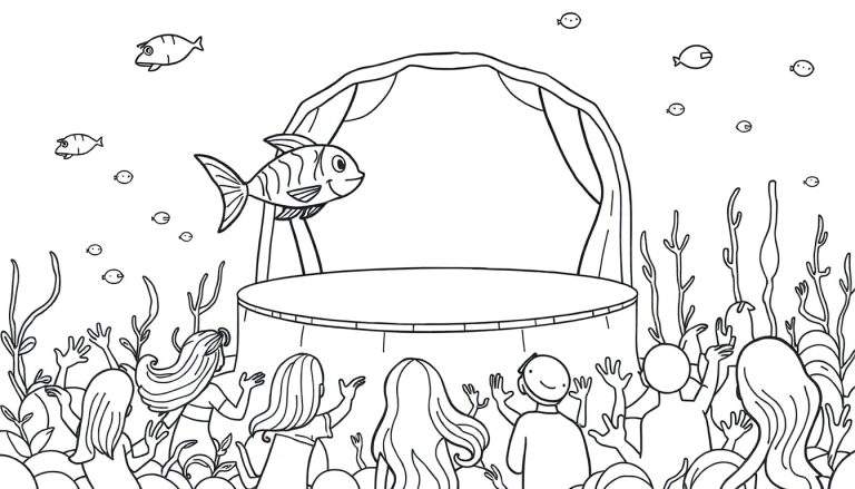 Zwart-wit kleurplaat van een onderwatertheater met een gestreepte vis op het podium en juichende zeemeerminnen en kinderen in het publiek, omringd door zeewier en kleine vissen.