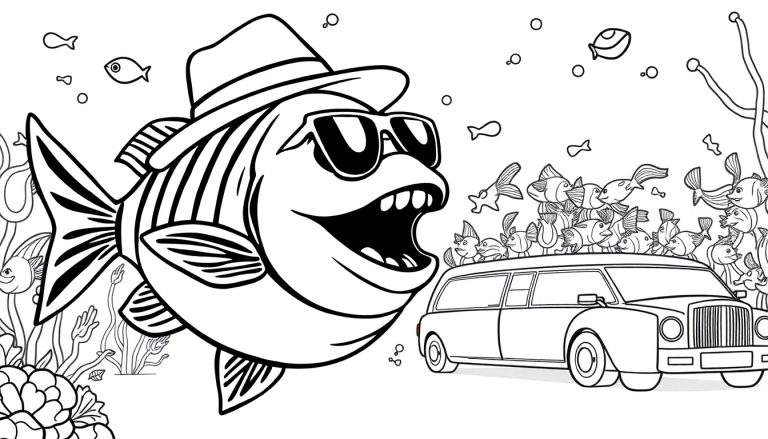 Kleurplaat van een grote vis met fedora en zonnebril die lacht, naast een onderwaterauto (limousine/hearse) vol kleine, enthousiaste vissen, met waterplanten en bubbels.