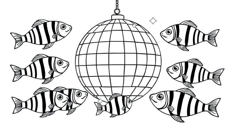 Kleurplaat van een discobal onder water met zeven gestreepte vissen