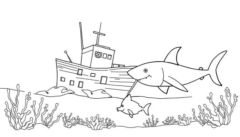 Illustratie voor een kleurplaat van een onderwater scène met een scheepswrak, een vriendelijke haai en een kleine vis, omringd door zeewier.