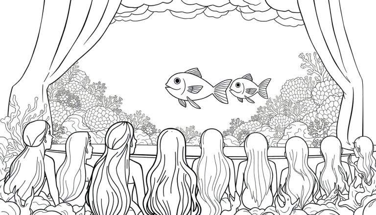 Zwart-wit kleurplaat van een onderwaterscène met een podium waar vissen optreden voor een publiek van zeemeerminnen. Koraal en zeegras vullen de achtergrond.