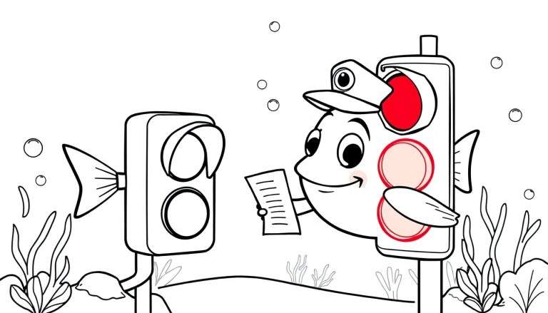 Een kleurplaat met twee antropomorfe verkeerslichten in de vorm van vissen, zwevend in een onderwaterlandschap met zeewier en luchtbellen. Eén vis-verkeerslicht heeft een rood lampje en een glimlachend gezicht, de ander is eenvoudiger met een vissenstaart.