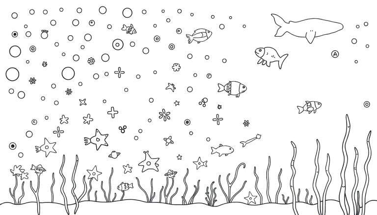 Zwart-wit lijntekening van een kleurplaat met een onderwaterwereld, met bellen, een walvis, vissen, zeesterren, zeewier en abstracte vormen.