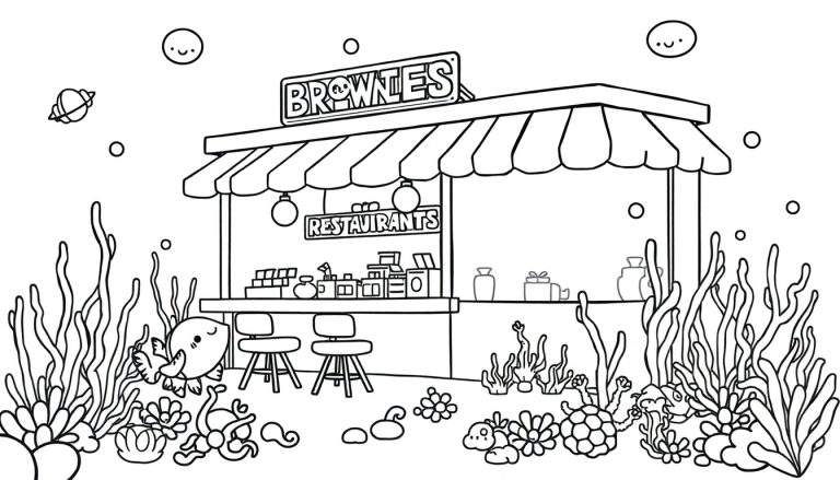 Zwart-wit kleurplaat van een onderwaterwinkel genaamd BROWNIES met een gestreepte luifel, twee ronde lampen, een toonbank met spullen, barkrukken, zeewier, een blije vis, een krab, een octopus, een schildpad, schelpen, koraal, bellen met gezichtjes en een kleine planeet.