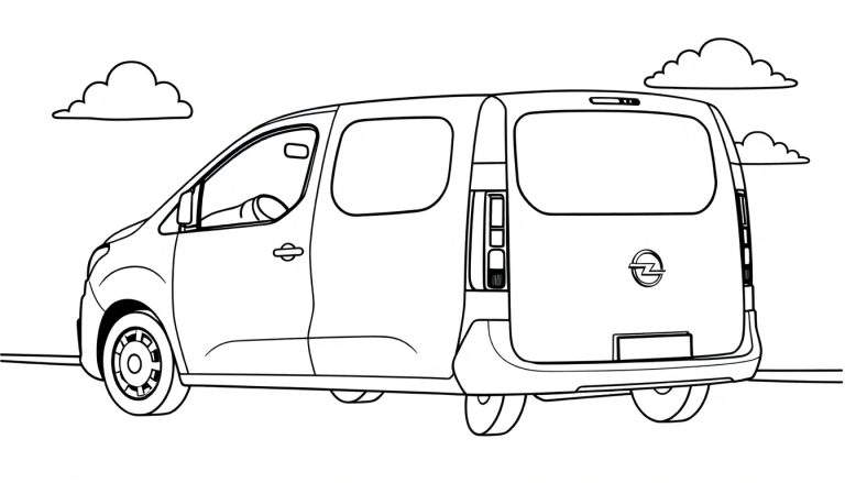 Kleurplaat van een Opel bestelwagen in achter-driekwart perspectief, met zicht op de achterkant, rechterzijkant, schuifdeur, achterlichten en Opel logo.
