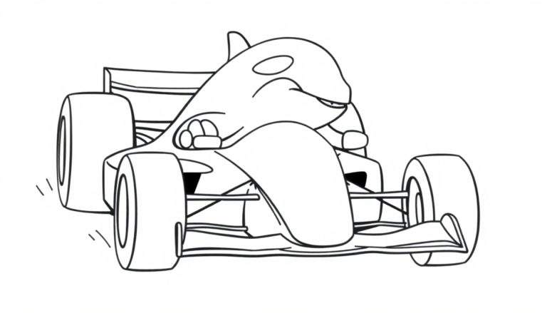 Zwart-wit cartoon tekening van een vrolijke orka die een Formule 1 raceauto bestuurt, met bewegingslijntjes bij de wielen.