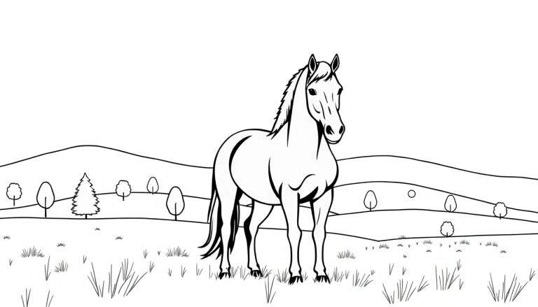 Zwart-wit lijntekening van een paard op een grasveld met heuvels en bomen op de achtergrond, klaar om in te kleuren.