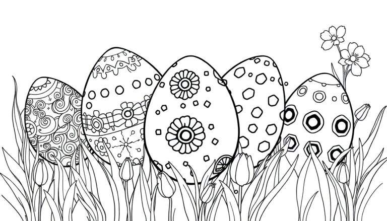 Een zwart-wit lijntekening van vijf gedetailleerd versierde paaseieren in hoog gras met tulpen en bloemen, geschikt als kleurplaat.