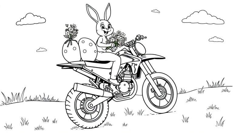 Zwart-wit kleurplaat van een lachend konijn op een crossmotor, met een bos bloemen en paaseieren.