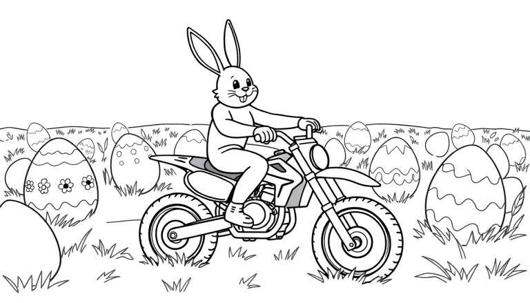 Kleurplaat van een lachende paashaas op een crossmotor, omringd door versierde paaseieren in een veld.